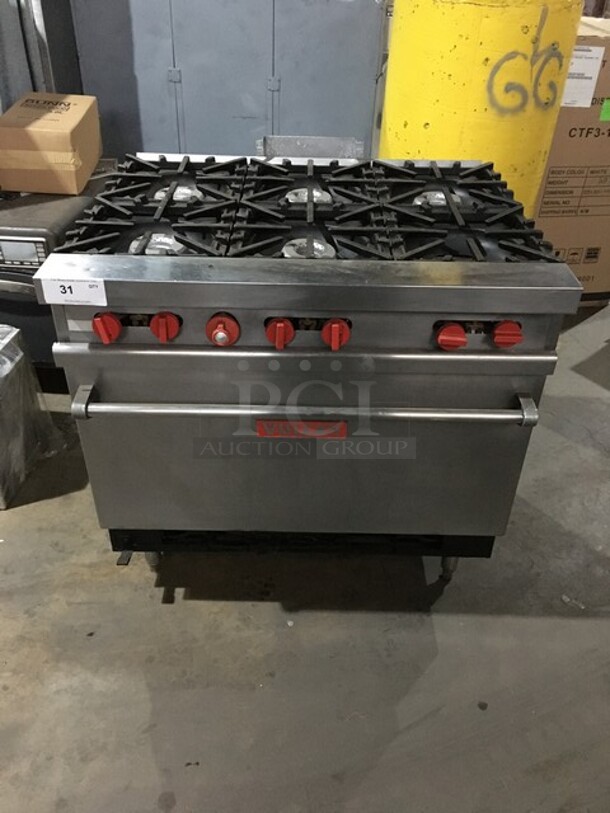 Vulcan Commercial Natural Gas Powered 6 Burner Stove! With Full Size Oven Underneath! All Stainless Steel! On Legs!  - Image 1 of 12