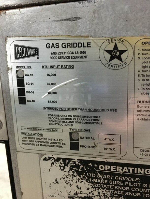 Cecilware Commercial Countertop Natural Gas Powered Flat Griddle! With Back & Side Splashes! Model BG12! On Legs! - Image 8 of 9