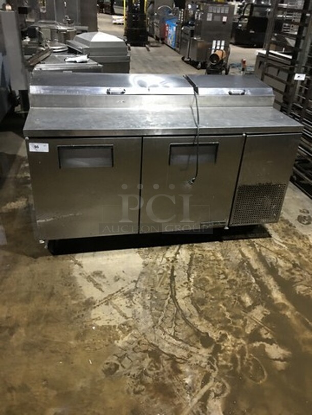 True Commercial Refrigerated Pizza Prep Table! With 2 Door Underneath Storage Space! All Stainless Steel! Model TPP67 Serial 14124746! 115V 1Phase! On Commercial Casters!