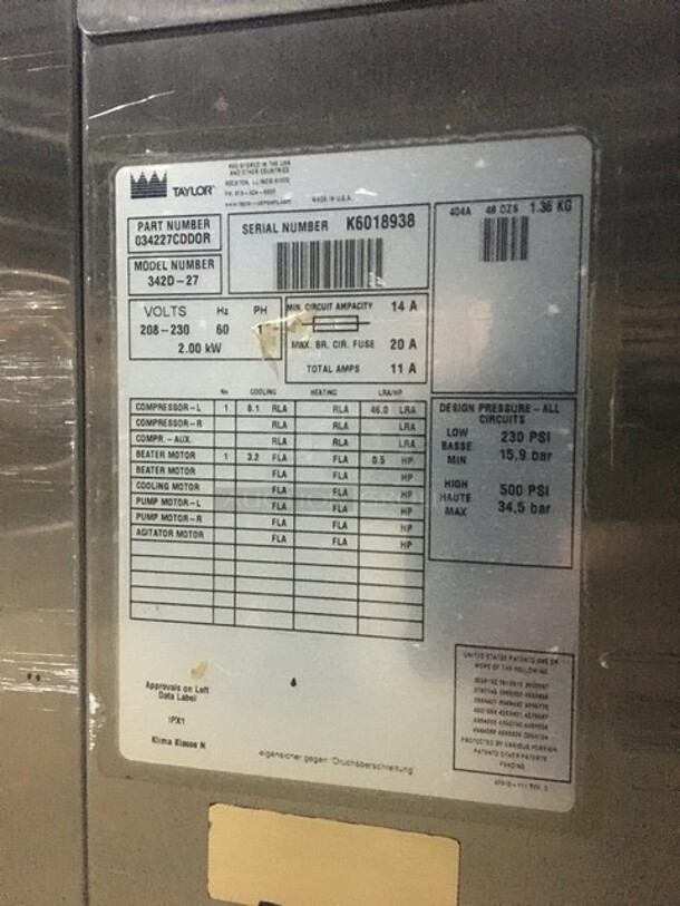 Taylor Commercial Floor Style 2 Flavor Frosty/Coolatta/Slushy Making Machine! With Milkshake Mixing Attachment! All Stainless Steel! Model 342D27 Serial K6018938! 208/230V 1Phase! On Commercial Casters! - Image 10 of 11