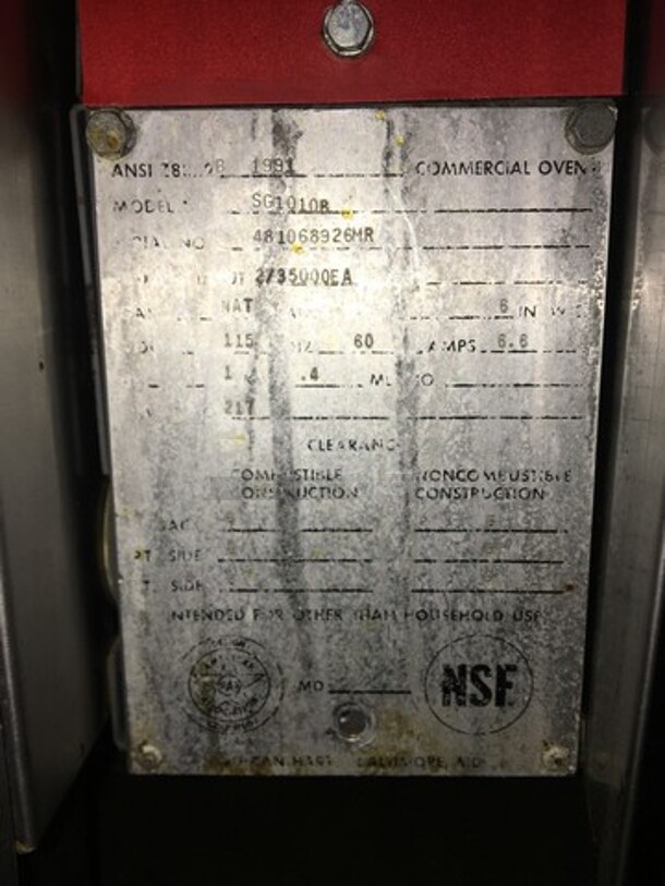 Vulcan Snorkel Commercial Natural Gas Powered Double Convection Oven! With View Through Doors! All Stainless Steel! Model SG1010B Serial 481068926MR! On Legs! 2 X Your Bid! Makes One Unit! - Image 9 of 11