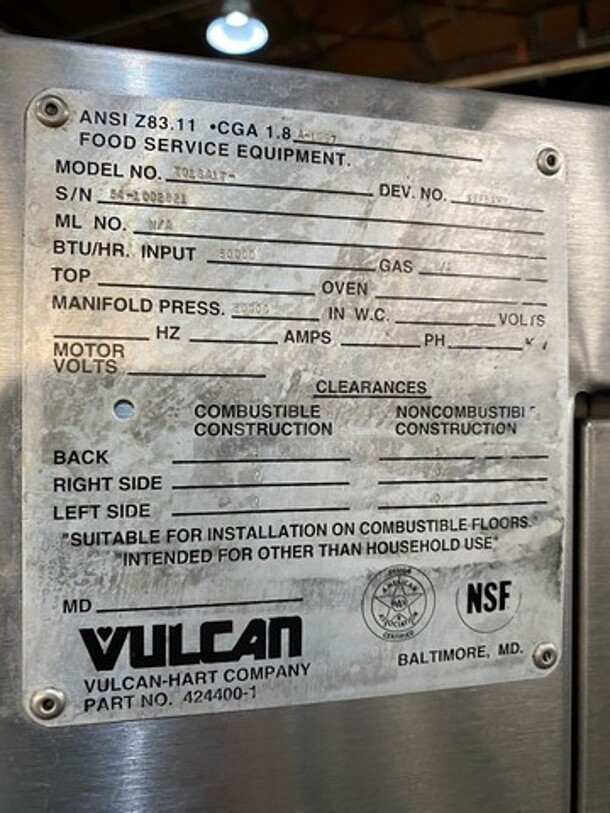 NICE! Vulcan Commercial Natural Gas Powered Double Deck Baking/Roasting/Pizza Oven! All Stainless Steel! Model 7016A1T Serial 541002821! All Stainless Steel! On Legs! 2 X Your Bid! Makes One Unit! - Image 10 of 11