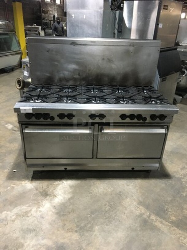 All Stainless Steel Natural Gas Powered 10 Burner Stove! With 2 Full Size Ovens Underneath! With Backsplash! On Commercial Casters!