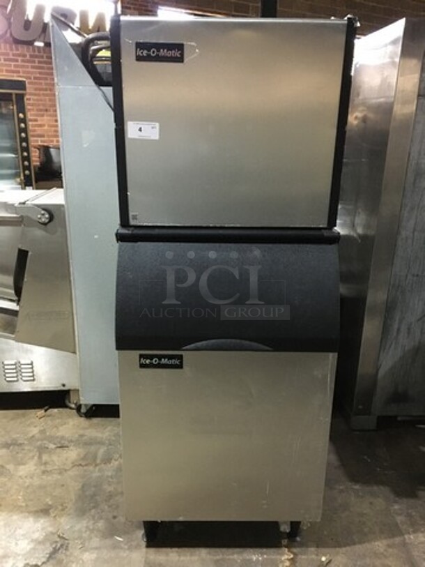 NICE! Ice-O-Matic Commercial Ice Making Machine! On Ice Bin! All Stainless Steel! Ice Machine Model ICE1006HW2 Serial C30605821Z! 208/230V 1Phase! Ice Bin Model B55PSB Serial 13101280010135! On Legs! 2 X Your Bid! Makes One Unit!