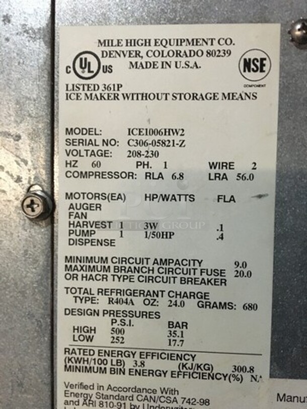 NICE! Ice-O-Matic Commercial Ice Making Machine! On Ice Bin! All Stainless Steel! Ice Machine Model ICE1006HW2 Serial C30605821Z! 208/230V 1Phase! Ice Bin Model B55PSB Serial 13101280010135! On Legs! 2 X Your Bid! Makes One Unit! - Image 7 of 9