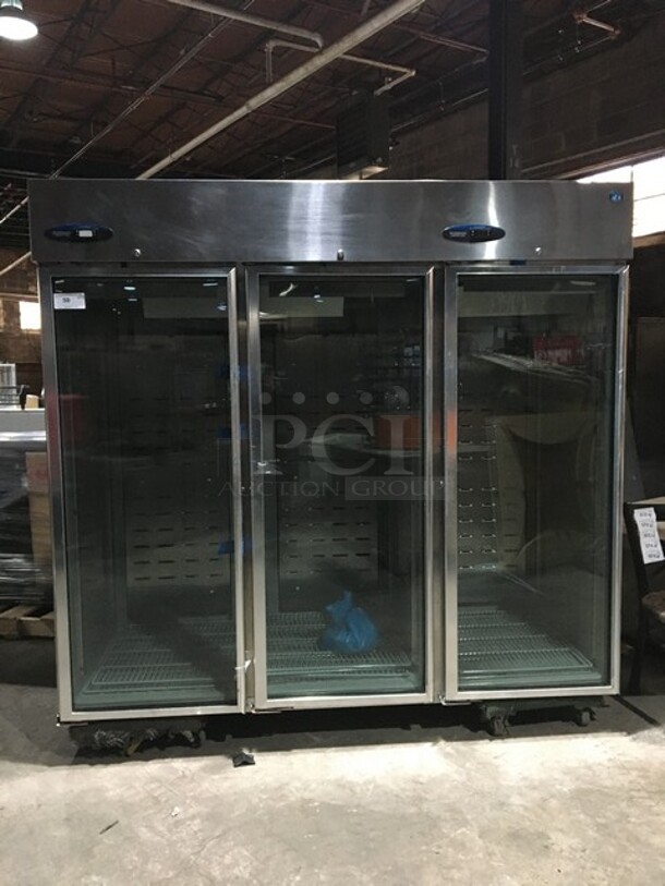 Hoshizaki Commercial 3 Door Reach In Cooler Merchandiser! With Poly Coated Racks! All Stainless Steel Body! Model CR3BFGYCL Serial E70037H! 115V 1Phase!
