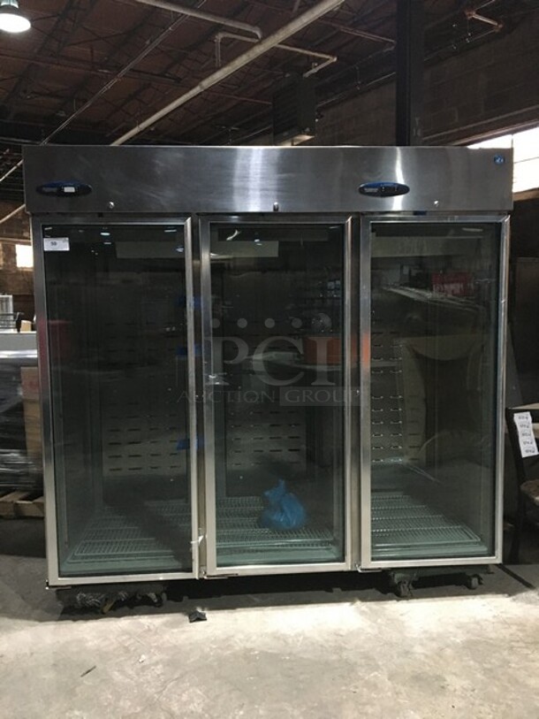 Hoshizaki Commercial 3 Door Reach In Cooler Merchandiser! With Poly Coated Racks! All Stainless Steel Body! Model CR3BFGYCL Serial E70037H! 115V 1Phase!
 - Image 1 of 12