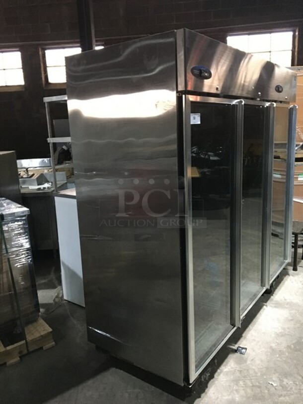 Hoshizaki Commercial 3 Door Reach In Cooler Merchandiser! With Poly Coated Racks! All Stainless Steel Body! Model CR3BFGYCL Serial E70037H! 115V 1Phase!
 - Image 2 of 12