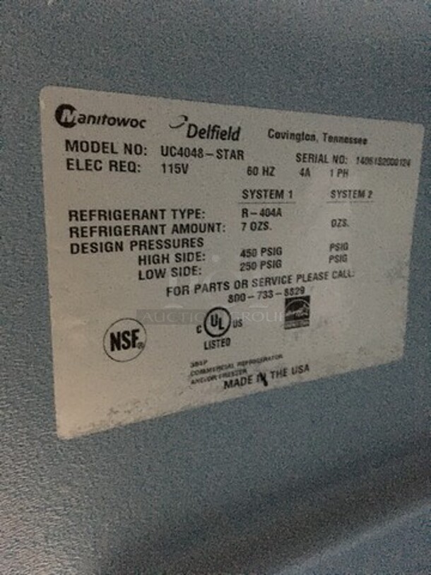 Delfield Commercial 2 Door Refrigerated Lowboy/Worktop Cooler! With Poly Coated Racks! All Stainless Steel! Model UC4048STAR Serial 1406162000124! 115V 1Phase! On Commercial Casters! - Image 8 of 9