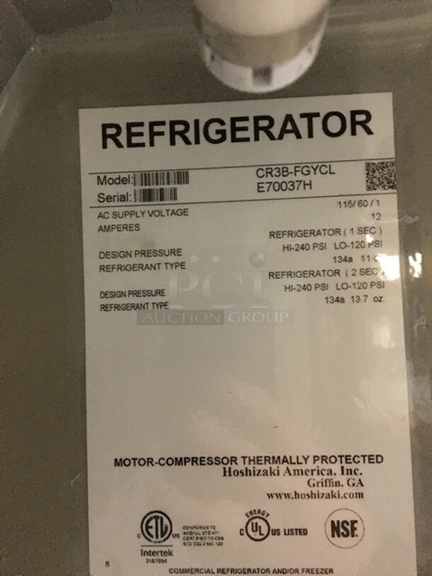Hoshizaki Commercial 3 Door Reach In Cooler Merchandiser! With Poly Coated Racks! All Stainless Steel Body! Model CR3BFGYCL Serial E70037H! 115V 1Phase!
 - Image 10 of 12