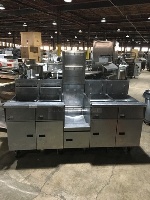 GREAT! Pitco Commercial Natural Gas Powered 4 Bay Deep Fat Fryer! With Middle Frying Basket Rack! With Oil Filter System! With Backsplash! All Stainless Steel! Model SGH50 Serial Serial G11CC009856! On Casters! - Image 2 of 12