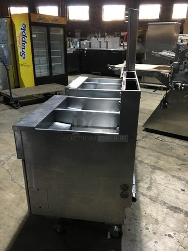 GREAT! Pitco Commercial Natural Gas Powered 4 Bay Deep Fat Fryer! With Middle Frying Basket Rack! With Oil Filter System! With Backsplash! All Stainless Steel! Model SGH50 Serial Serial G11CC009856! On Casters! - Image 4 of 12