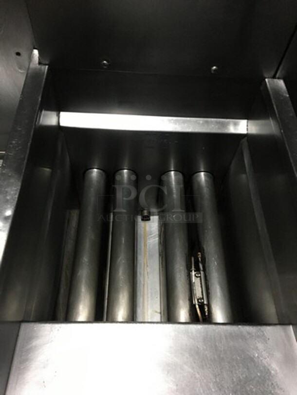 GREAT! Pitco Commercial Natural Gas Powered 4 Bay Deep Fat Fryer! With Middle Frying Basket Rack! With Oil Filter System! With Backsplash! All Stainless Steel! Model SGH50 Serial Serial G11CC009856! On Casters! - Image 8 of 12