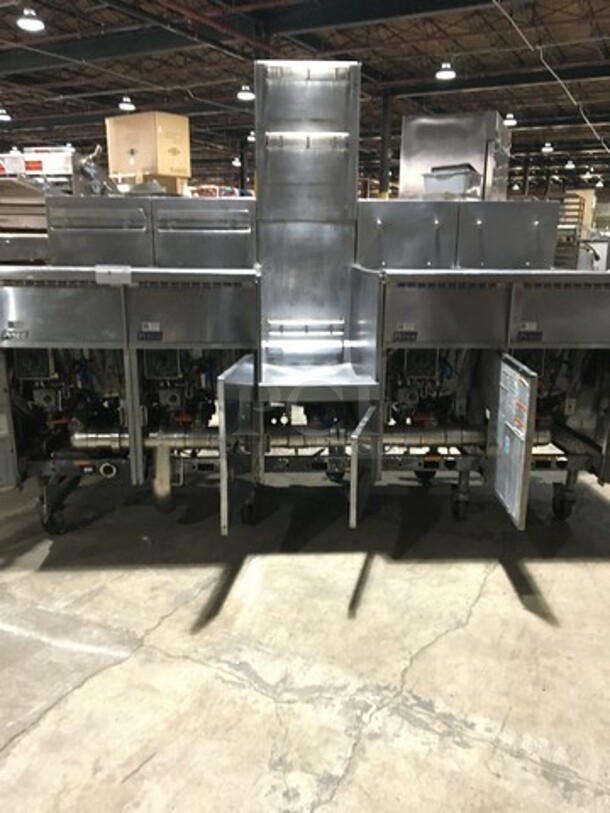 GREAT! Pitco Commercial Natural Gas Powered 4 Bay Deep Fat Fryer! With Middle Frying Basket Rack! With Oil Filter System! With Backsplash! All Stainless Steel! Model SGH50 Serial Serial G11CC009856! On Casters! - Image 9 of 12