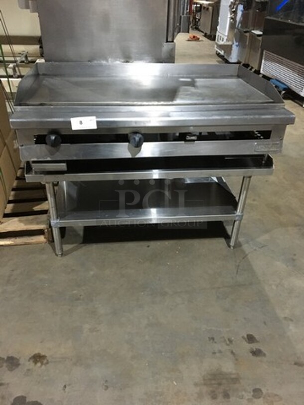 AMAZING! Therma Tek Commercial Natural Gas Powered Flat Griddle! With Back & Side Splashes! On Equipment Stand! With Underneath Storage Space! All Stainless Steel! On Legs!