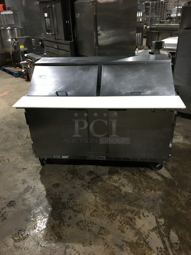 Beverage Air Commercial Refrigerated Sandwich/Salad Prep Table! With 2 Doors Underneath Storage Space! With Poly Coated Racks! With Commercial Cutting Board! All Stainless Steel! Model SP6024M! 115V 1Phase! On Commercial Casters!