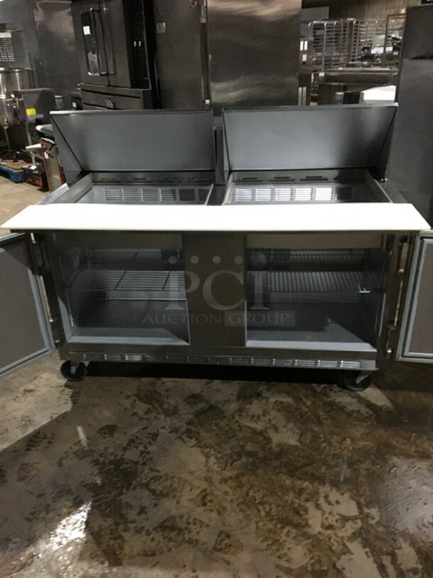 Beverage Air Commercial Refrigerated Sandwich/Salad Prep Table! With 2 Doors Underneath Storage Space! With Poly Coated Racks! With Commercial Cutting Board! All Stainless Steel! Model SP6024M! 115V 1Phase! On Commercial Casters! - Image 5 of 11