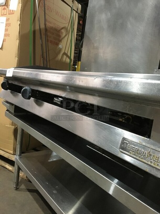 AMAZING! Therma Tek Commercial Natural Gas Powered Flat Griddle! With Back & Side Splashes! On Equipment Stand! With Underneath Storage Space! All Stainless Steel! On Legs! - Image 6 of 9