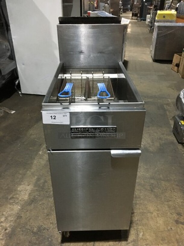 American Range Stainless Steel Natural Gas Powered 3 Burner Deep Fat Fryer! With 2 Metal Baskets! On Casters!
