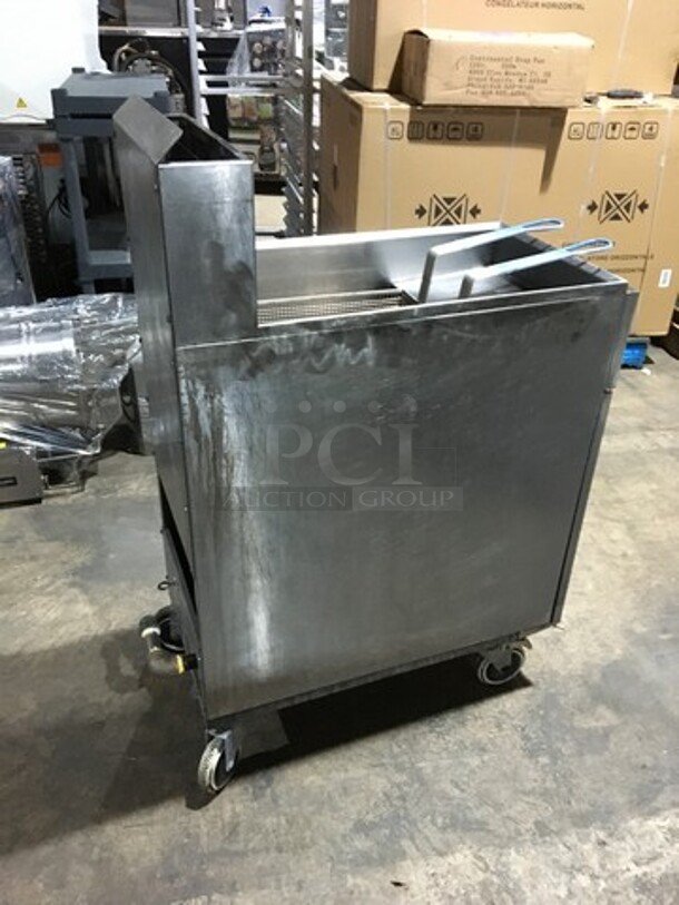 American Range Stainless Steel Natural Gas Powered 3 Burner Deep Fat Fryer! With 2 Metal Baskets! On Casters!
 - Image 4 of 11