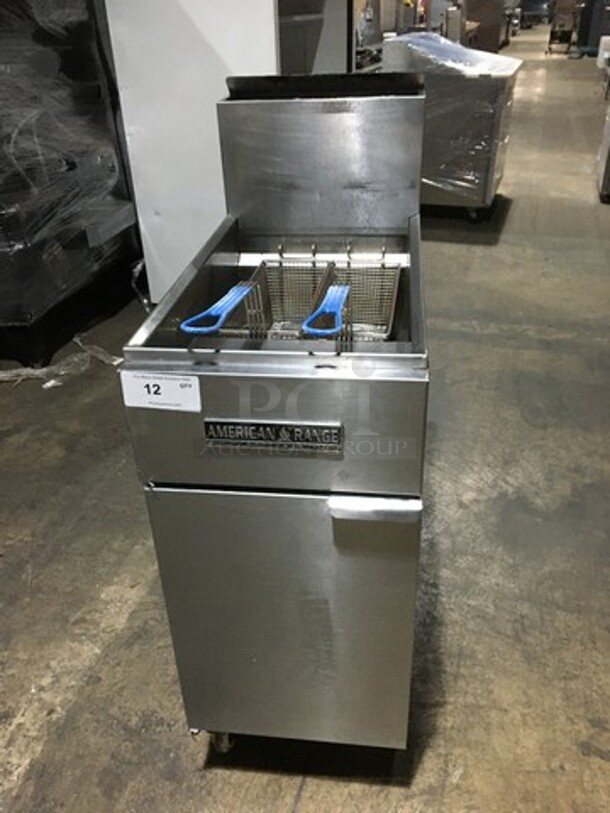 American Range Stainless Steel Natural Gas Powered 3 Burner Deep Fat Fryer! With 2 Metal Baskets! On Casters!
 - Image 10 of 11
