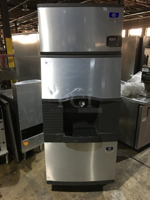 Manitowoc Commercial Ice Making Machine! With Ice Bin/Ice Dispenser! All Stainless Steel! Model ID0303W161 Serial 1120499835! 115V 1Phase! Ice Bin Model SPA310 610188490! 115V 1Phase! On Legs! 2 X Your Bid! Makes One Unit!