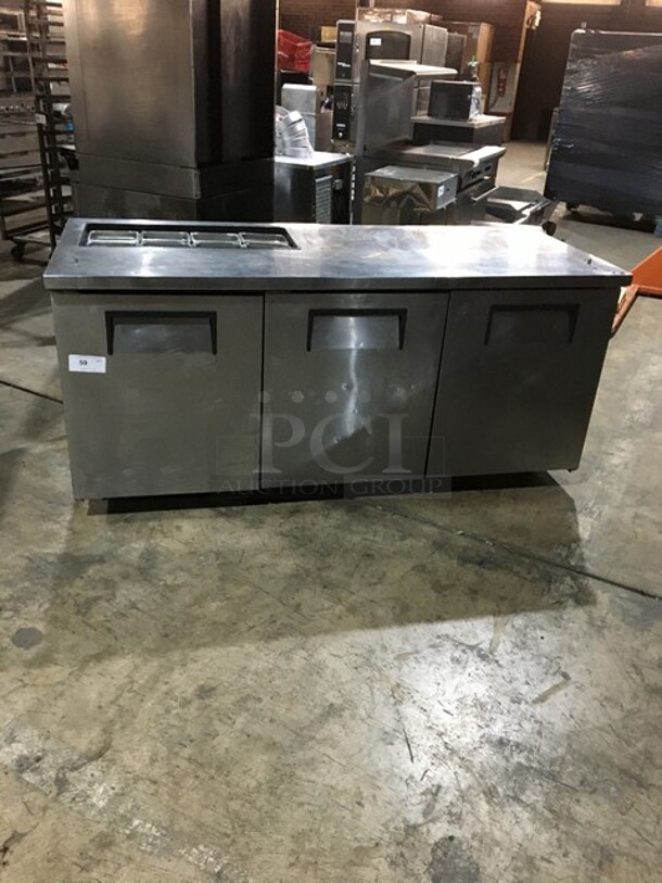 True Commercial Refrigerated Sandwich Prep Table! With Right Side Prep Area! With 3 Doors Underneath Storage Space! Model TSSU7208 Serial 7296097! 115V 1Phase!