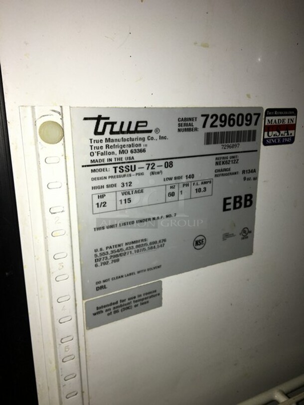 True Commercial Refrigerated Sandwich Prep Table! With Right Side Prep Area! With 3 Doors Underneath Storage Space! Model TSSU7208 Serial 7296097! 115V 1Phase! - Image 9 of 10