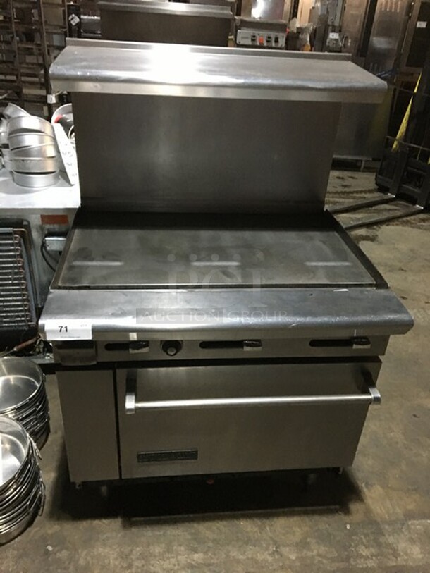 Nice! American Range Natural Gas Powered Flat Griddle! With Full Size Oven! With Raised Backsplash And Salamander Shelf! On Legs!