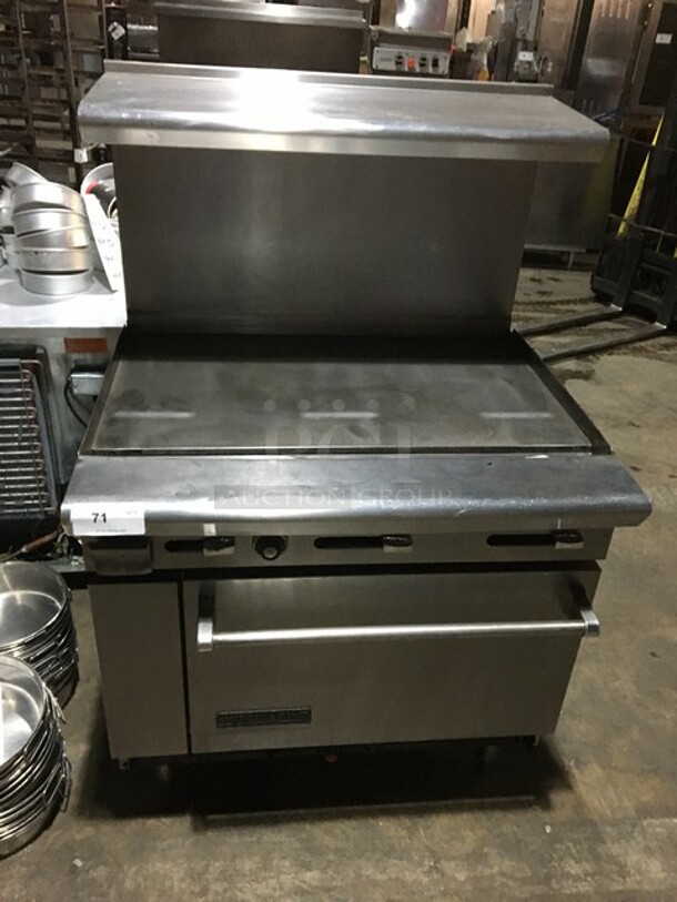 Nice! American Range Natural Gas Powered Flat Griddle! With Full Size Oven! With Raised Backsplash And Salamander Shelf! On Legs! - Image 1 of 9