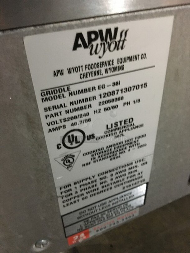 APW Wyott Commercial Countertop Electric Powered Flat Griddle! With Back & Side Splashes! All Stainless Steel! Model EG36I Serial 120871307015! 208/240V 1/3 Phase! On Legs! - Image 9 of 9