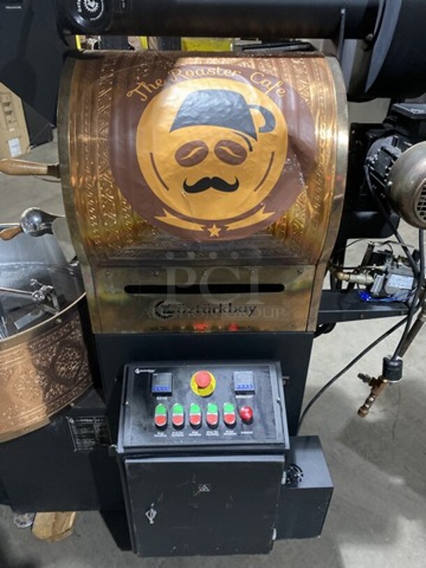 WOW! LATE MODEL! Ozturkbay Floor Style Heavy Duty Commercial Natural Gas/LP Powered Coffee Roasting Machine! Copper Plated Exterior For A Beautiful Finish! 10KG/22Lbs Capacity!  Model OKS-10 Serial 1292!  220/240V! Working When Removed! - Image 3 of 12