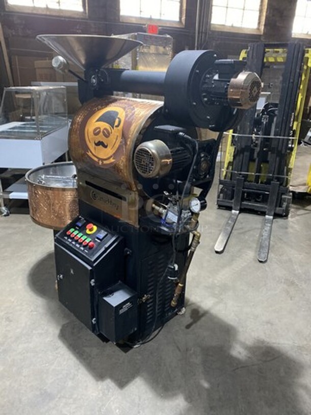 WOW! LATE MODEL! Ozturkbay Floor Style Heavy Duty Commercial Natural Gas/LP Powered Coffee Roasting Machine! Copper Plated Exterior For A Beautiful Finish! 10KG/22Lbs Capacity!  Model OKS-10 Serial 1292!  220/240V! Working When Removed! - Image 4 of 12