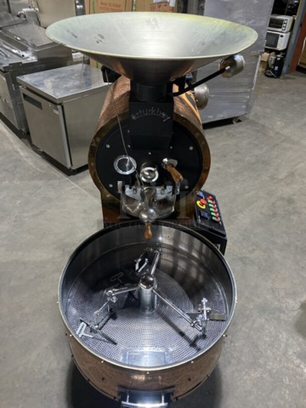 WOW! LATE MODEL! Ozturkbay Floor Style Heavy Duty Commercial Natural Gas/LP Powered Coffee Roasting Machine! Copper Plated Exterior For A Beautiful Finish! 10KG/22Lbs Capacity!  Model OKS-10 Serial 1292!  220/240V! Working When Removed! - Image 8 of 12