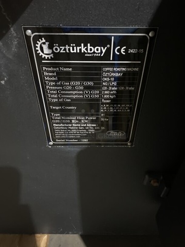 WOW! LATE MODEL! Ozturkbay Floor Style Heavy Duty Commercial Natural Gas/LP Powered Coffee Roasting Machine! Copper Plated Exterior For A Beautiful Finish! 10KG/22Lbs Capacity!  Model OKS-10 Serial 1292!  220/240V! Working When Removed! - Image 10 of 12