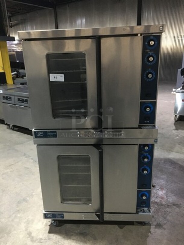 Duke Double Stacked Natural Gas Powered Heavy Duty Convection Oven! 6/13 Edition! With One View Through Door & One Solid Door! With Metal Racks! All Stainless Steel! On Casters! 2 X Your Bid! Makes One Unit!