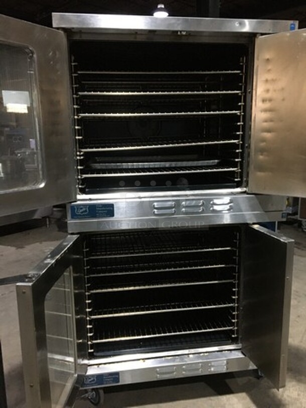 Duke Double Stacked Natural Gas Powered Heavy Duty Convection Oven! 6/13 Edition! With One View Through Door & One Solid Door! With Metal Racks! All Stainless Steel! On Casters! 2 X Your Bid! Makes One Unit! - Image 5 of 9