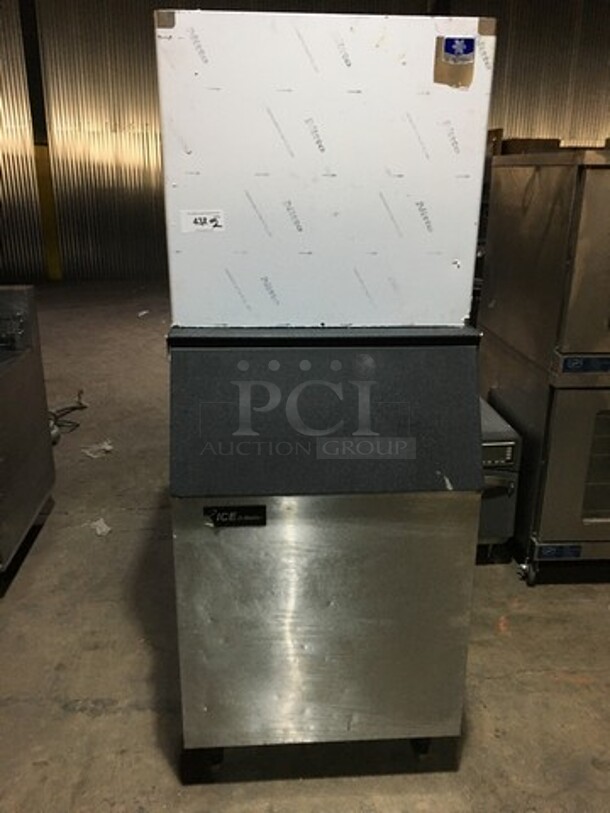 WOW! Manitowoc Commercial Ice Making Machine! With Ice-O-Matic Ice Bin! All Stainless Steel! Model B55PSA Serial 07041280011890! 2 X Your Bid! Makes One Unit! On Legs!