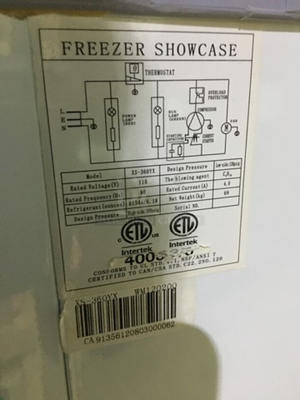 Omcan Commercial Ice Cream Display Freezer Showcase! With 2 Sliding Top Doors! Model XS360YX Serial CA91356120803000062! 115V! - Image 7 of 9