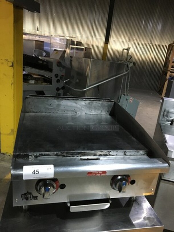 Star Max Commercial Countertop Natural Gas Powered 24 Inch Flat Griddle! With Back & Side Splashes! All Stainless Steel! Model 624TF Serial GT624F0214A0020! On Legs!