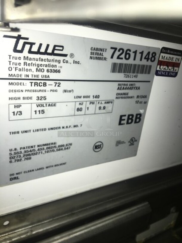 True Commercial Refrigerated 4 Drawer Chef Base! All Stainless Steel! Model TRCB72 Serial 7261148! 115V 1Phase!
 - Image 7 of 8