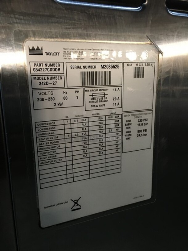 Taylor Commercial Floor Style 2 Flavor Frosty/Coolatta/Slushy Making Machine! With Milkshake Mixing Attachment! All Stainless Steel! Model 342D27 Serial M2085625! 208/230V 1Phase! On Commercial Casters! - Image 11 of 12
