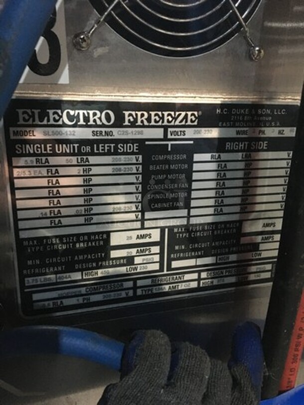 Wow! Late Model Electro Freeze 3 Handle Electric Powered Soft Serve Ice Cream/Yogurt Machine! All S.S. Body! Model SL500132 Serial C2S1298! 208/230V 3Phase! On Commercial Casters! Working When Removed! - Image 9 of 10