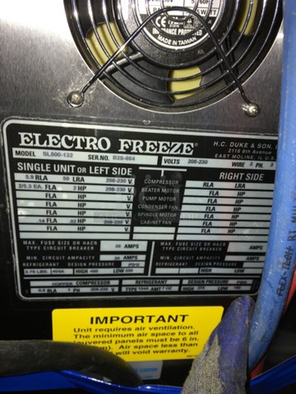 Wow! Late Model Electro Freeze 3 Handle Electric Powered Soft Serve Ice Cream/Yogurt Machine! All S.S. Body! Model SL500132 Serial B2S664! 208/230V 3Phase! On Commercial Casters! Working When Removed! - Image 9 of 10