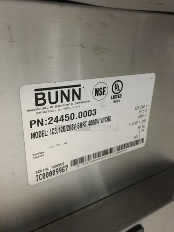 Bunn Commercial Countertop Iced Tea Machine! All Stainless Steel! Model IC3 Serial IC00009967! 120/208V 1Phase! - Image 7 of 9
