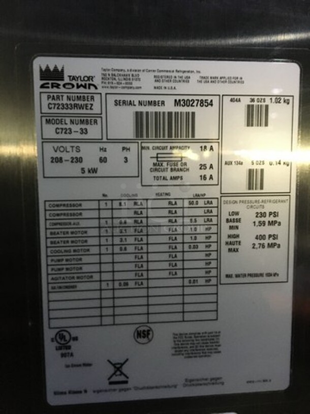 Sweet! LATE MODEL! 2013 Taylor 3 Handle Ice Cream Machine! Model C72333 Serial M3027854! 208/230V 3Phase! On Commercial Casters! Working When Removed! - Image 9 of 11
