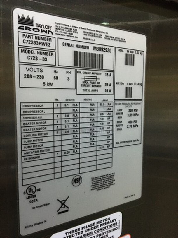 Sweet! LATE MODEL! 2013 Taylor 3 Handle Ice Cream Machine! Model C72333 Serial M3092930! 208/230V 3Phase! On Commercial Casters! Working When Removed! - Image 10 of 11
