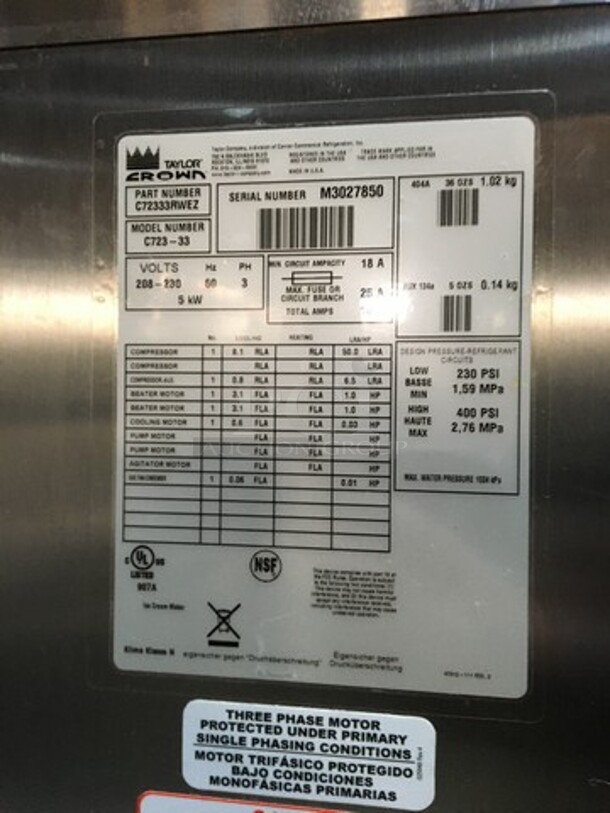 Sweet! LATE MODEL! 2013 Taylor 3 Handle Ice Cream Machine! Model C72333 Serial M3027850! 208/230V 3Phase! On Commercial Casters! Working When Removed! - Image 9 of 11