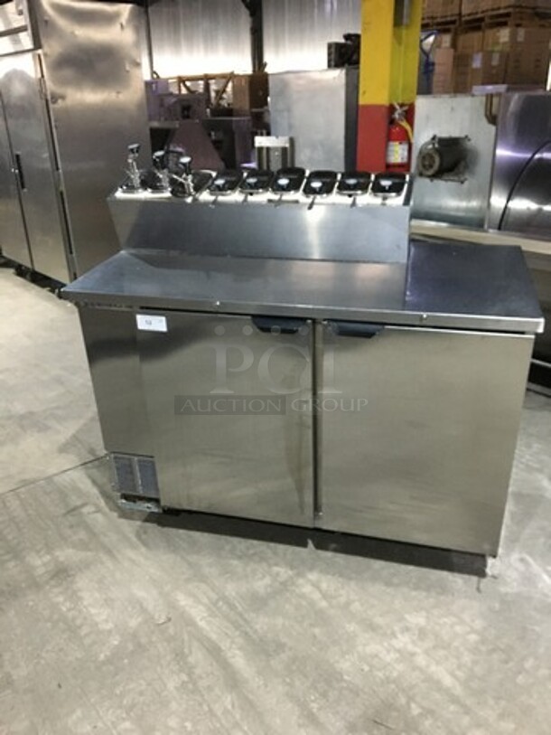 NICE! Beverage Air Commercial Refrigerated Work Top Station! With 2 Door Underneath Storage Space! With Poly Coated Racks! With Cold Topping Rail! All Stainless Steel! Model MS581S Serial 11009409! 115V 1Phase! - Image 1 of 12