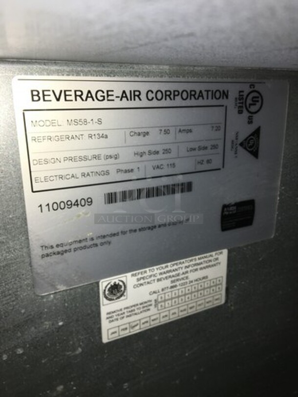 NICE! Beverage Air Commercial Refrigerated Work Top Station! With 2 Door Underneath Storage Space! With Poly Coated Racks! With Cold Topping Rail! All Stainless Steel! Model MS581S Serial 11009409! 115V 1Phase! - Image 8 of 12